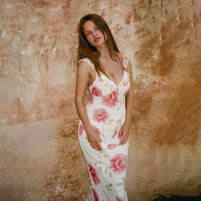 Floral Print High Waist Sling Long Skirt V-Neck Sleevele