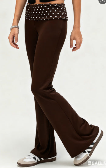 Flared Wide-Leg Pants with Polka Dot Fold-Over Waistband
