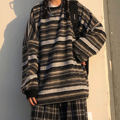 Oversized Striped Pullover Sweater with Round Neck