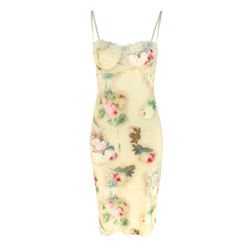 Floral Bodycon Midi Dress with Lace Trim and Spaghetti Straps