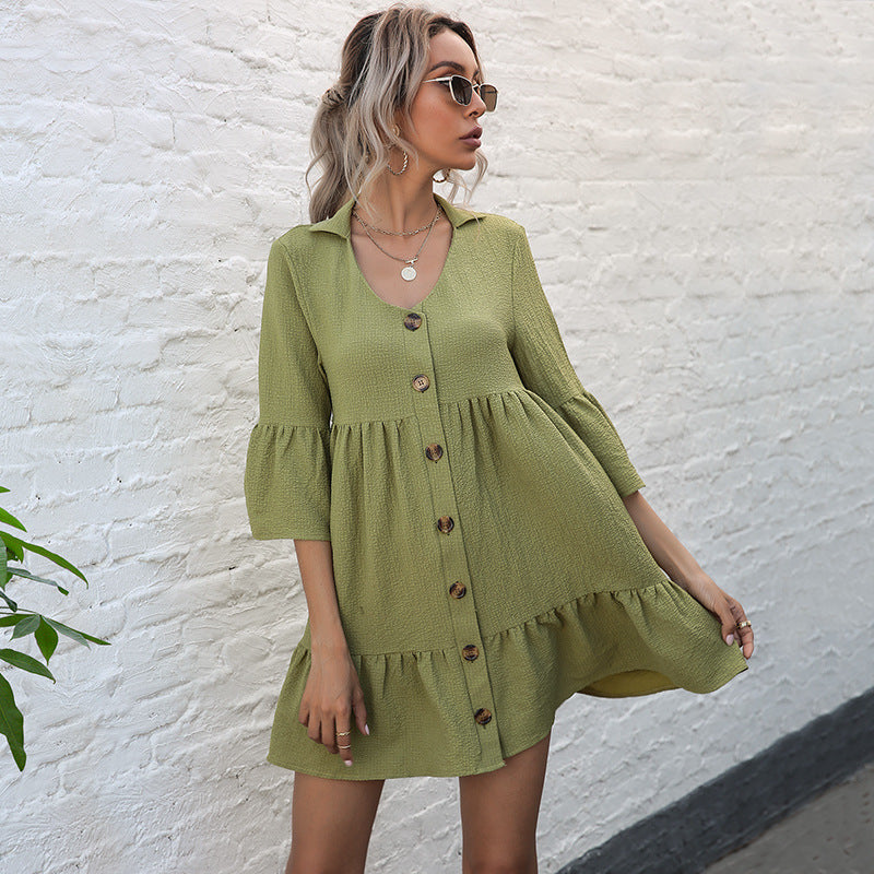 Button-Front Babydoll Mini Dress with Lapel and Horn Sleeves