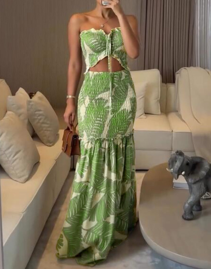 Tropical Leaf Print Bandeau Top and Smocked Maxi Skirt Set