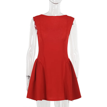Sleeveless A-Line Mini Dress with Boat Neck and Open Back