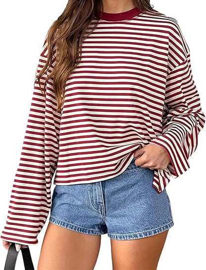 Oversized Striped Long Sleeve T-Shirt with Round Neck