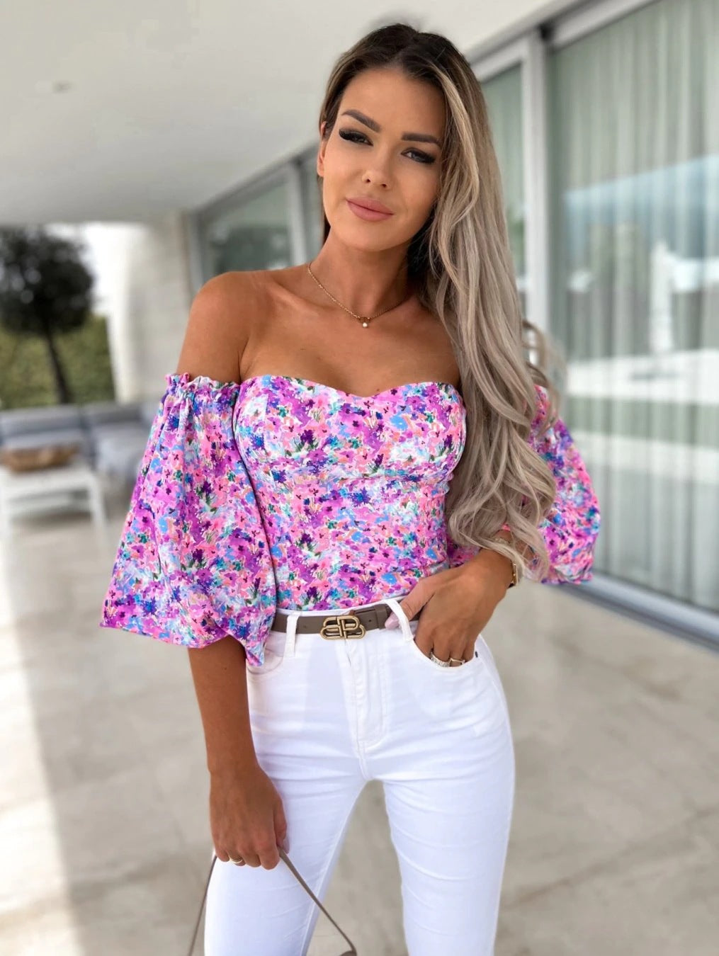 Floral Print Off-Shoulder Blouse with Puff Sleeves