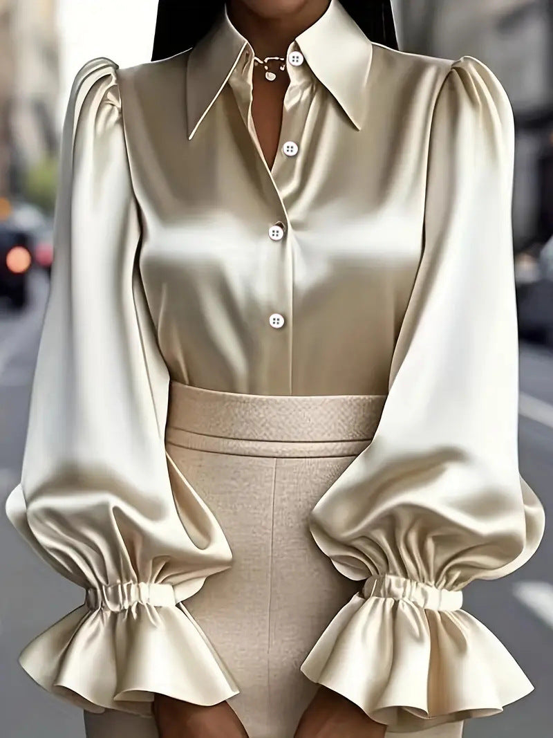 Solid Satin Blouse with Puff Sleeves and Ruffled Cuffs