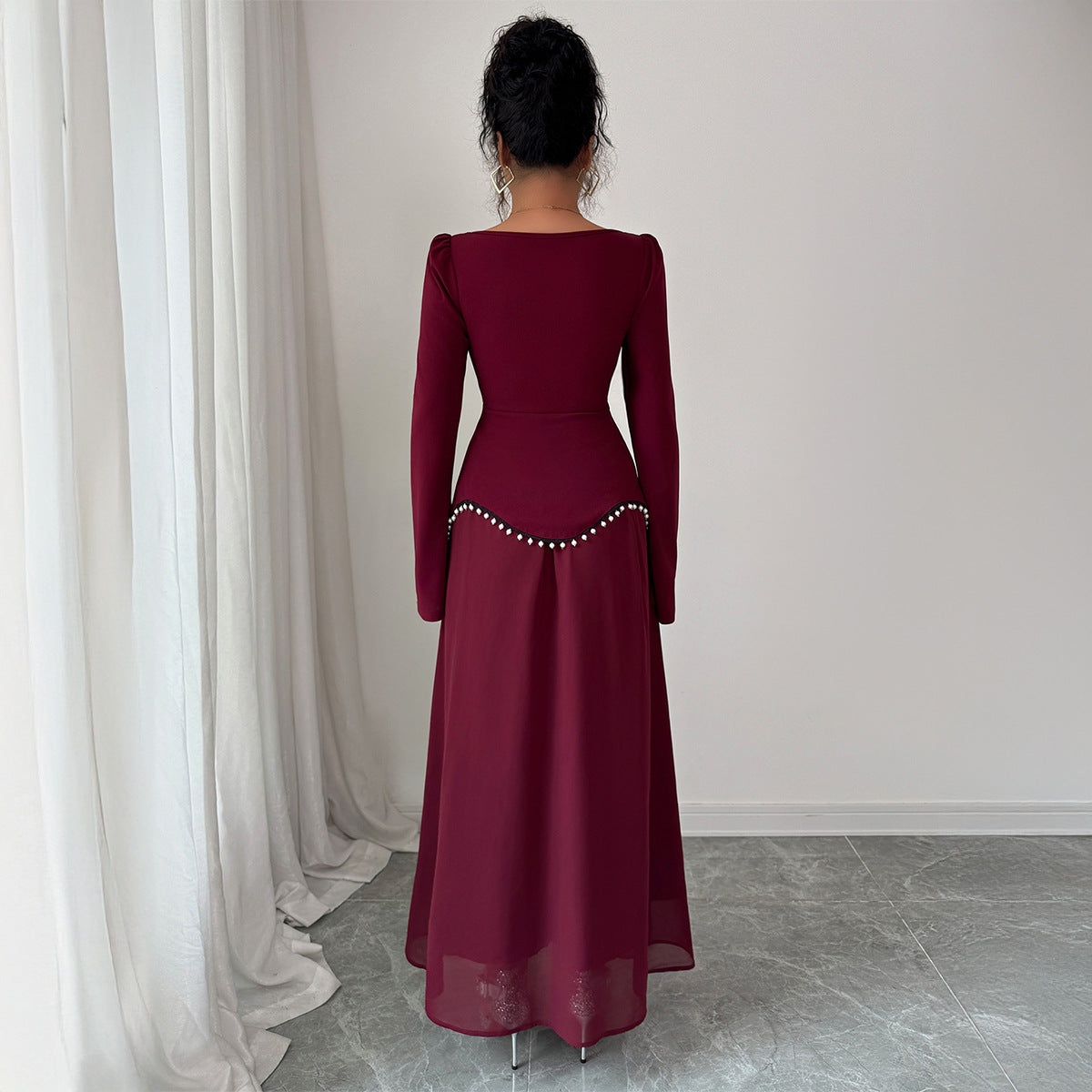 Solid A-Line Maxi Dress with Square Neck and Pearl Peplum