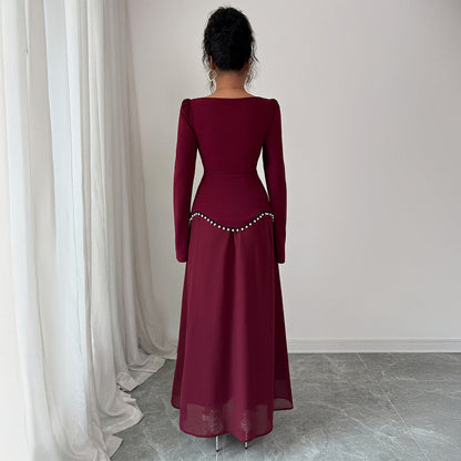Solid A-Line Maxi Dress with Square Neck and Pearl Peplum