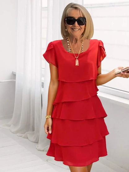 Tiered Dress with Short Sleeves and Round Neck