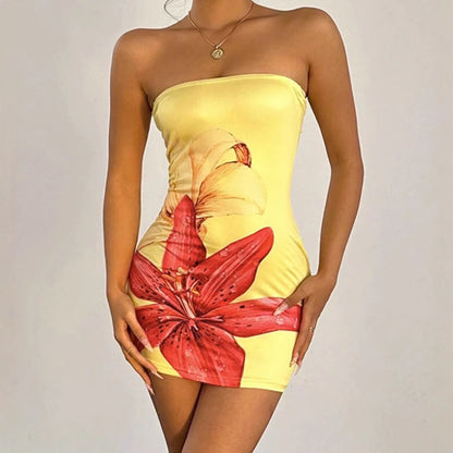 Strapless Bodycon Mini Dress with Large Floral Print