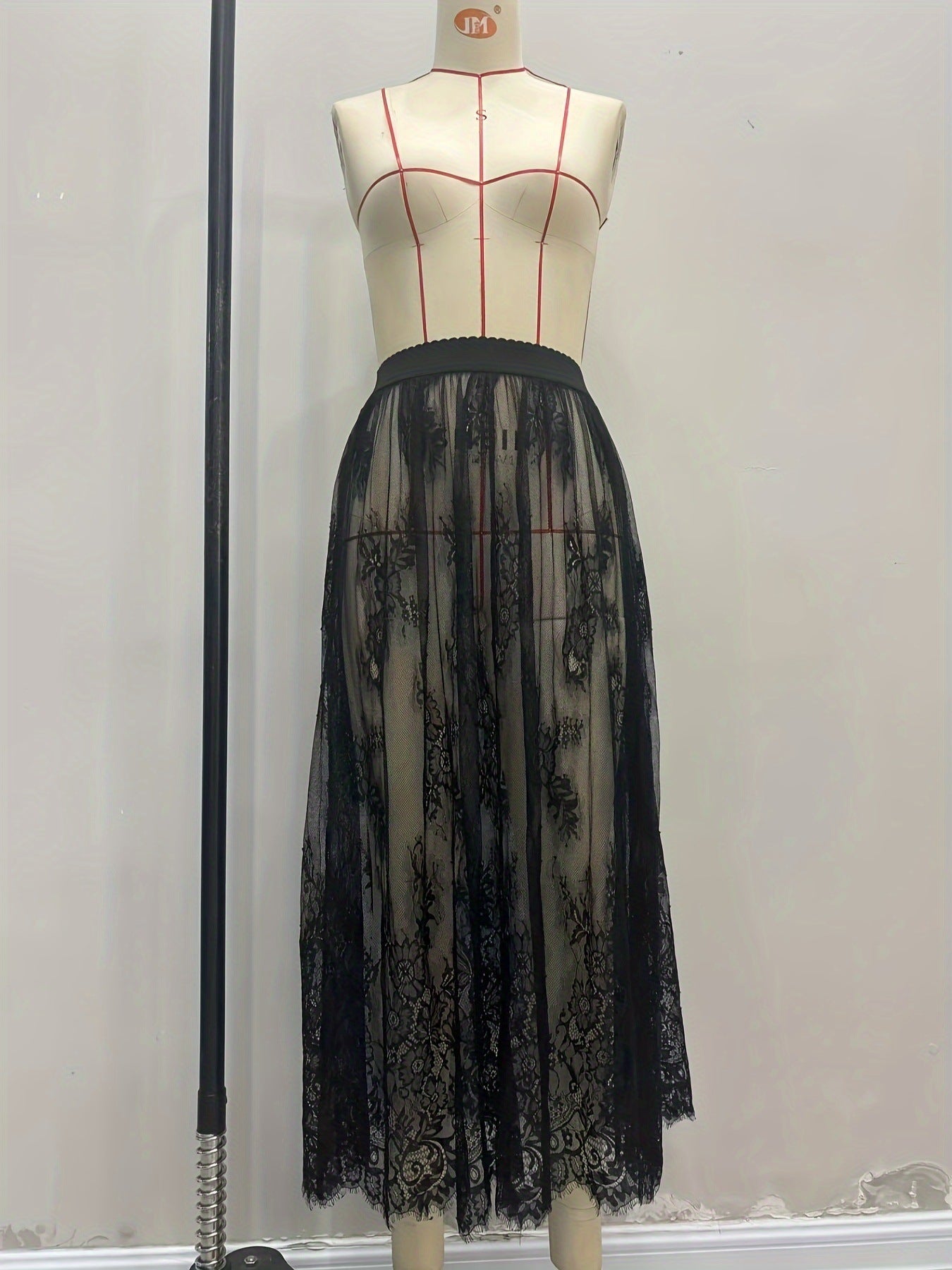 High-Waist Sheer Mesh Maxi Skirt with Floral Lace Trim