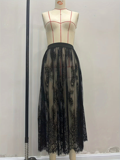 High-Waist Sheer Mesh Maxi Skirt with Floral Lace Trim