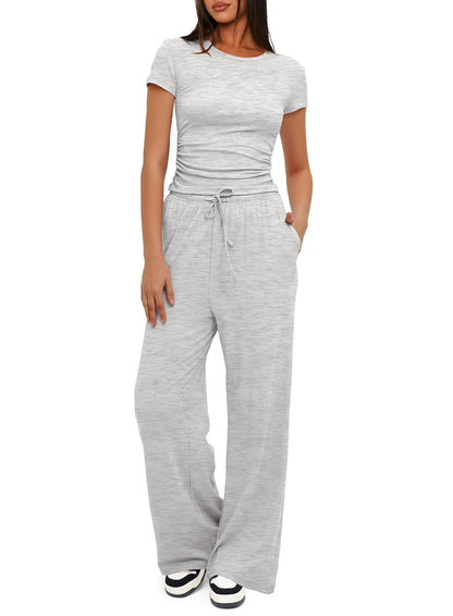 Solid Modal Two-Piece Set with Ruched Top and Wide-Leg Pants