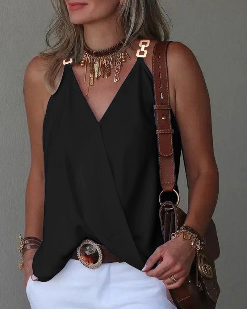 Printed Sleeveless Top with V-Neck and Metal Buckle Straps