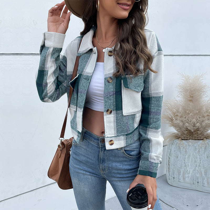Cropped Plaid Button-Down Jacket with Chest Pockets