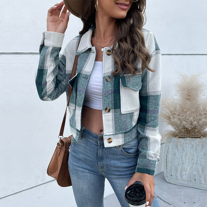 Cropped Plaid Button-Down Jacket with Chest Pockets