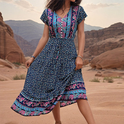 Ethnic Print A-Line Midi Dress with V-Neck