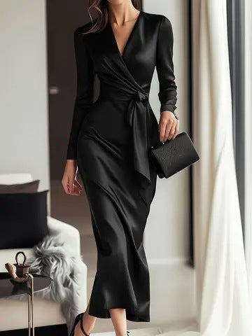 Satin V-Neck Wrap Midi Dress with Long Sleeves and Tie Waist