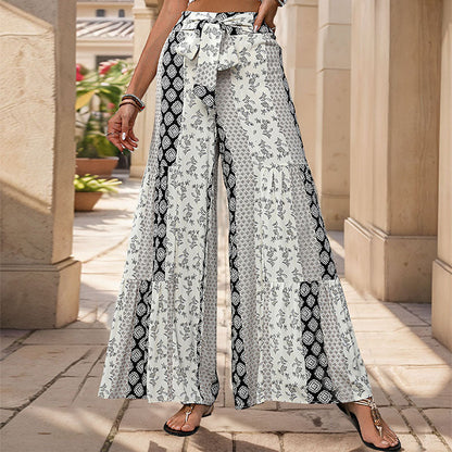 Floral Print Wide-Leg Pants with Tiered Hem and Tie-Waist