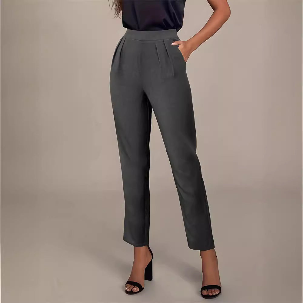 Straight-Leg Trousers with Pleated Front and Elastic Waist