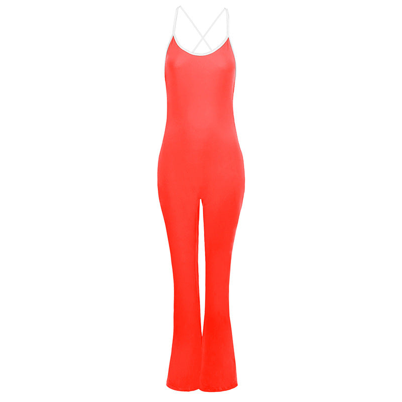 Bodycon Flared Jumpsuit with Backless Detail and Contrast Trim