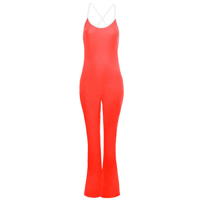 Bodycon Flared Jumpsuit with Backless Detail and Contrast Trim