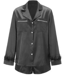 Solid Satin Pajama Set with Feather Trim Cuffs