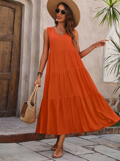 Solid Color Tiered Maxi Dress with V-Neck