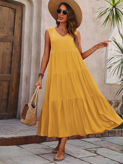 Solid Color Tiered Maxi Dress with V-Neck
