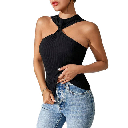 Slim Fit Ribbed Halter Top with Front Twist Detail