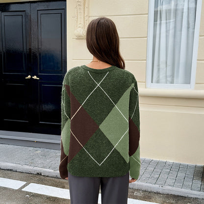 Loose Color-Blocked Argyle Knit Sweater with V-Neck