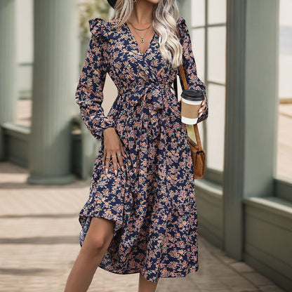 Floral Wrap Midi Dress with Ruffled Long Sleeves