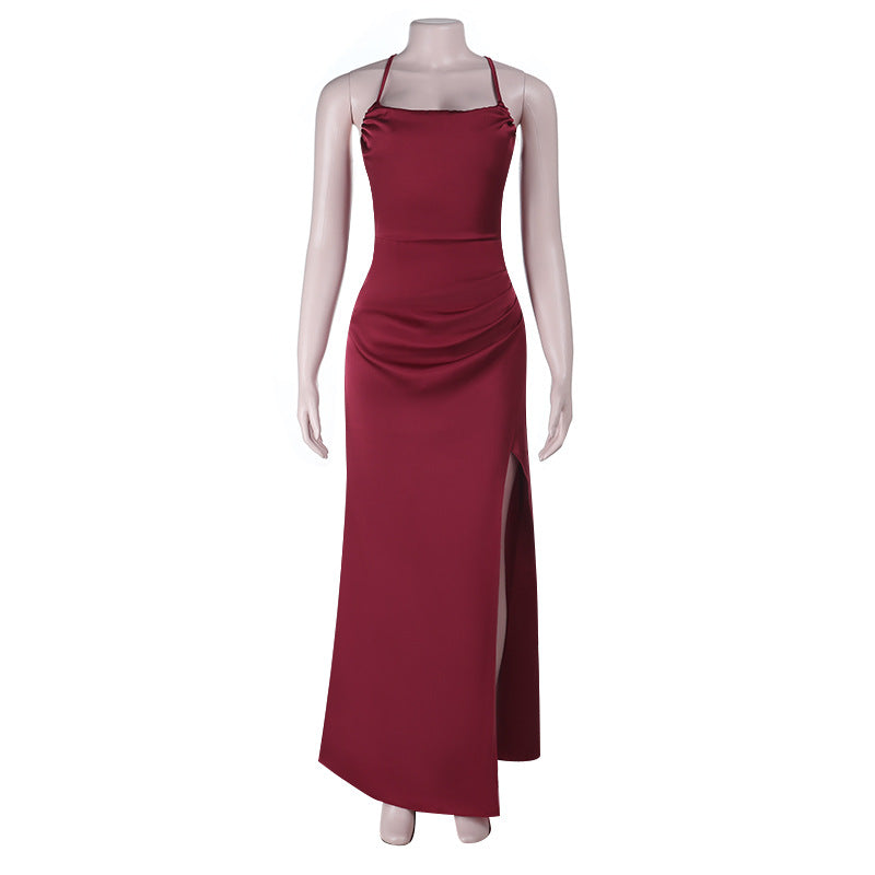 Bodycon Satin Maxi Dress with Cowl Neck and High Slit
