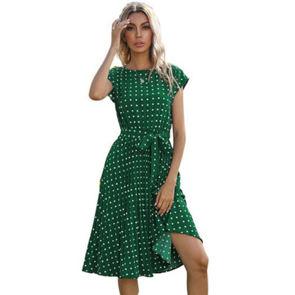 Polka Dot A-Line Midi Dress with Cap Sleeves and Tie Waist