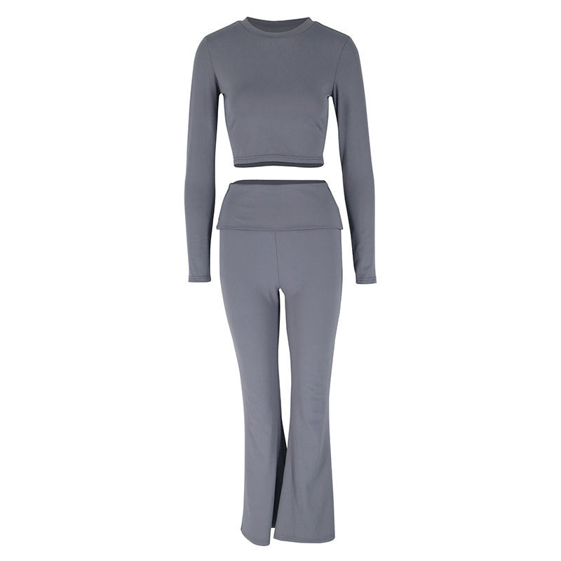 Long-Sleeve Cropped Top and High-Waist Flared Pants Set