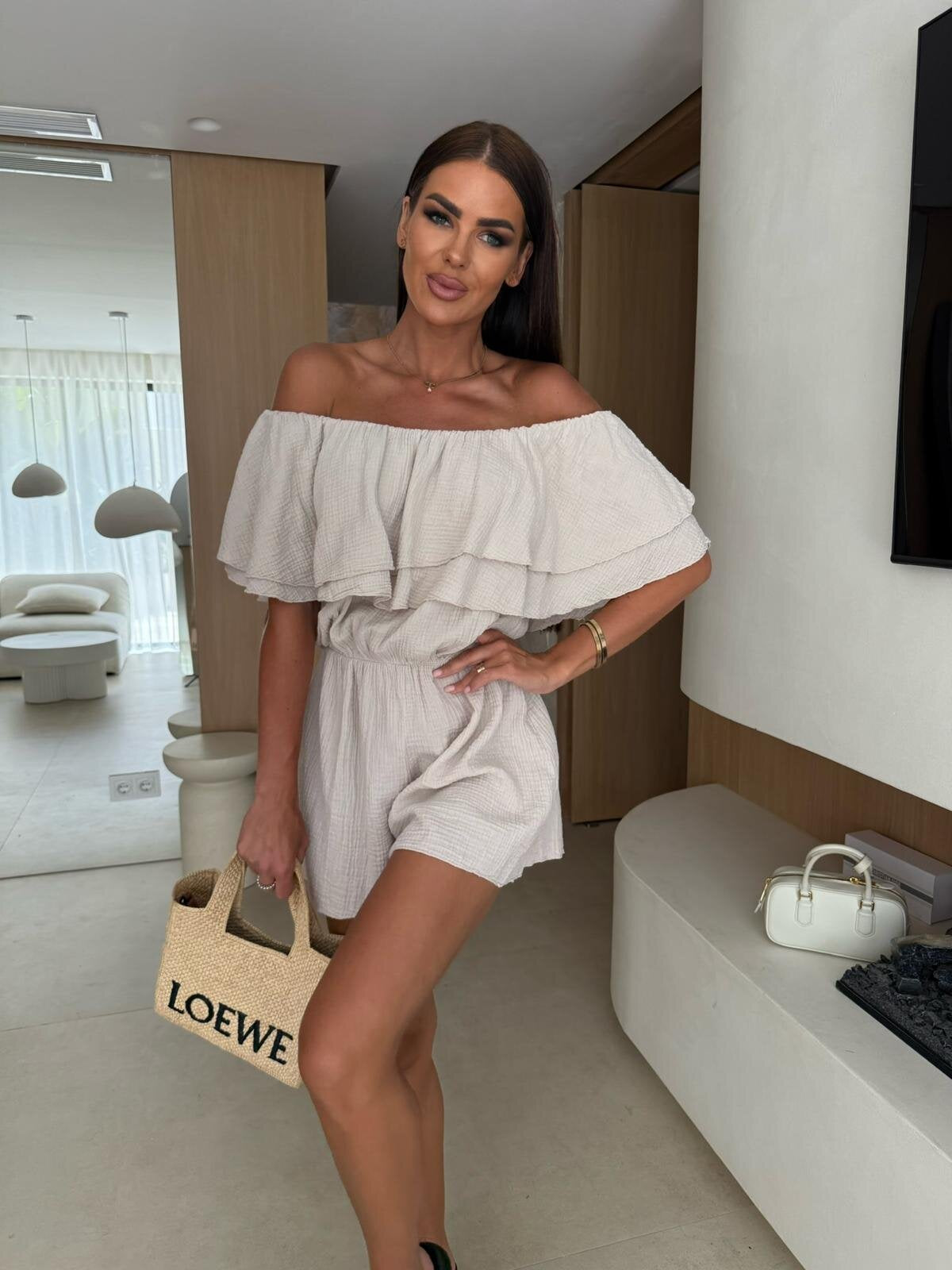Solid Off-Shoulder Romper with Ruffled Top and Elastic Waist