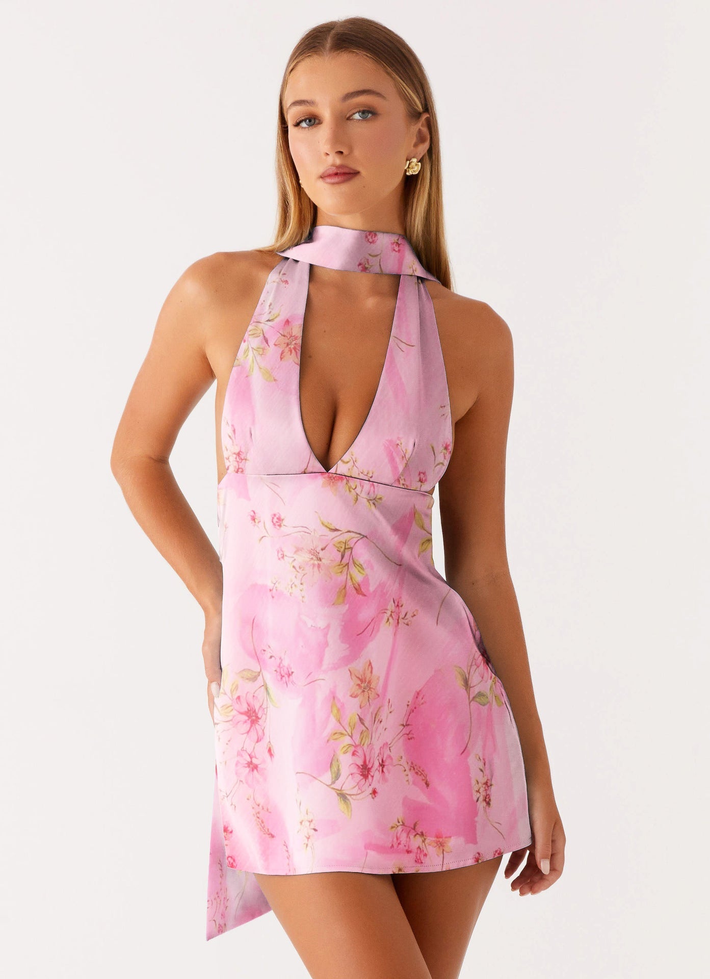 Halter Mini Dress with V-Neck and Backless Sash Detail