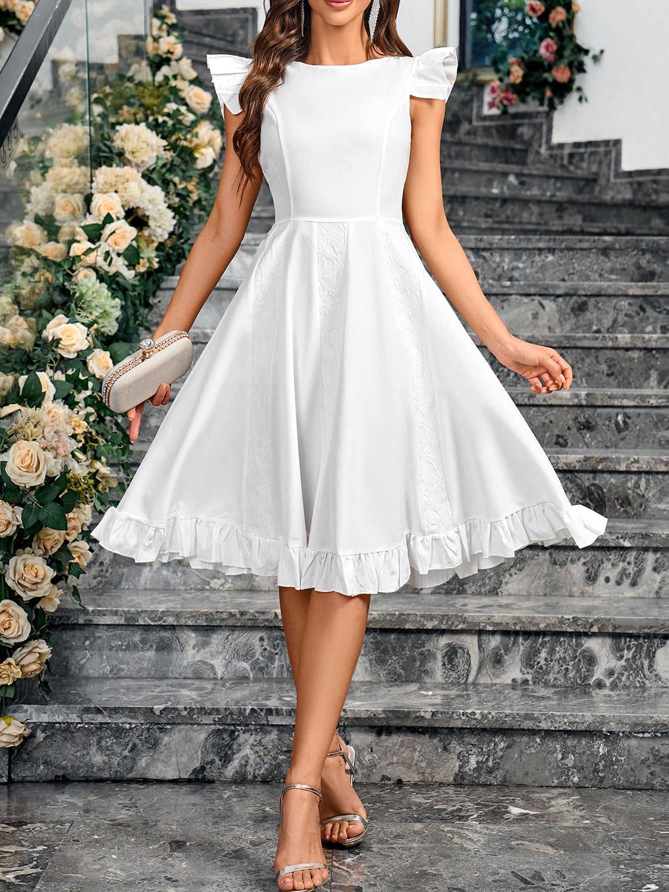 Solid A-Line Midi Dress with Ruffled Sleeves and Hem