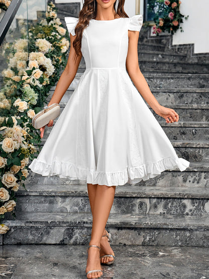 Solid A-Line Midi Dress with Ruffled Sleeves and Hem