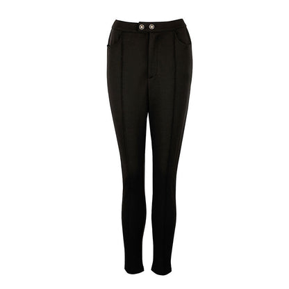 High-Waist Pencil Pants with Front Seams and Gold Buttons