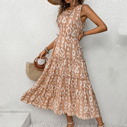 Sleeveless Abstract Print Tiered Maxi Dress