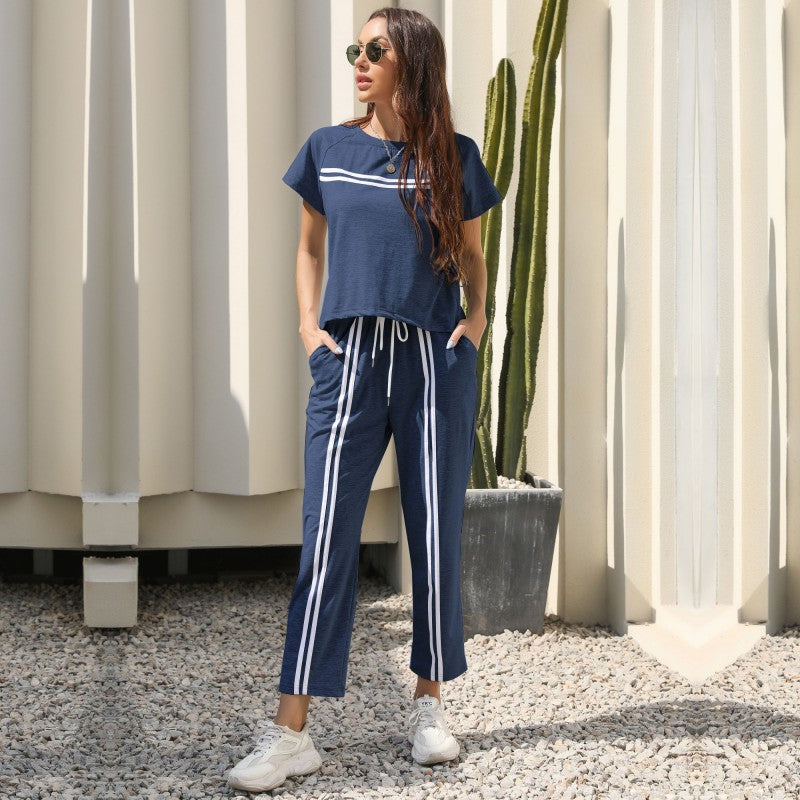 Striped Two-Piece Set with Short Sleeves and Drawstring Trousers