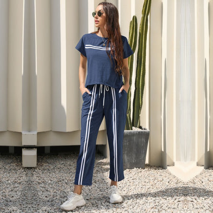 Striped Two-Piece Set with Short Sleeves and Drawstring Trousers