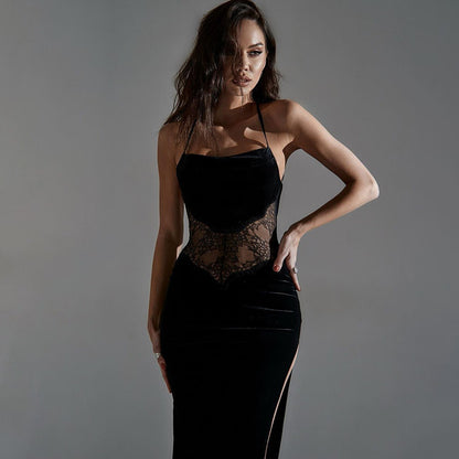 Bodycon Velvet Midi Dress with Lace Inset and Side Slit