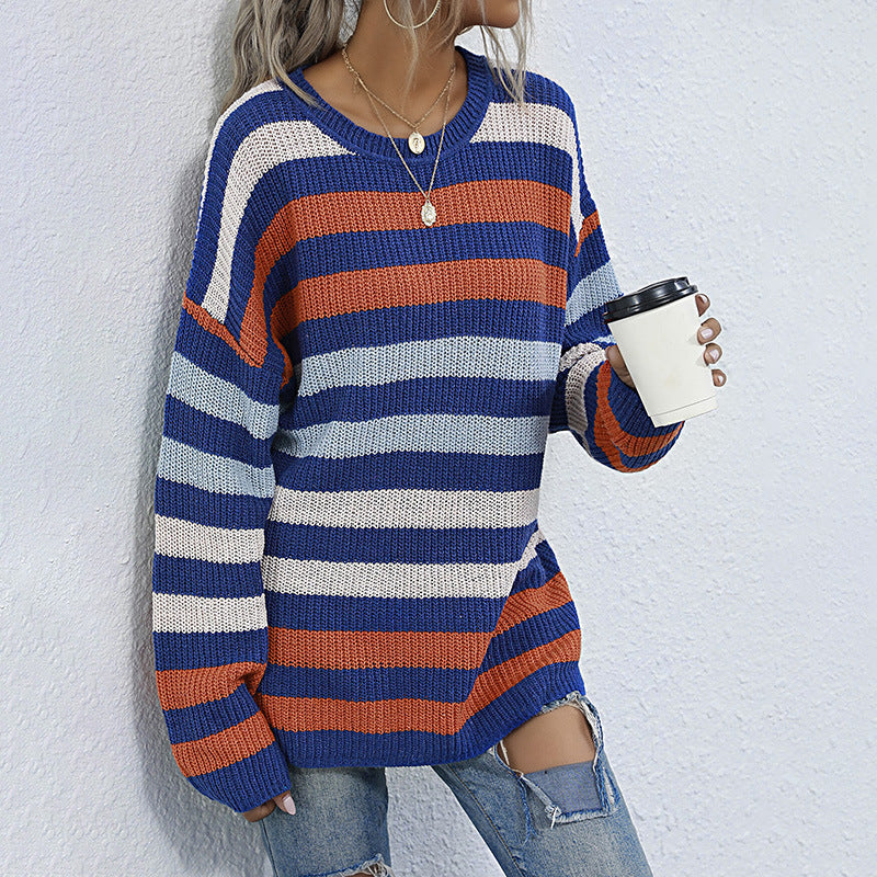 Oversized Striped Knitted Sweater with Crewneck