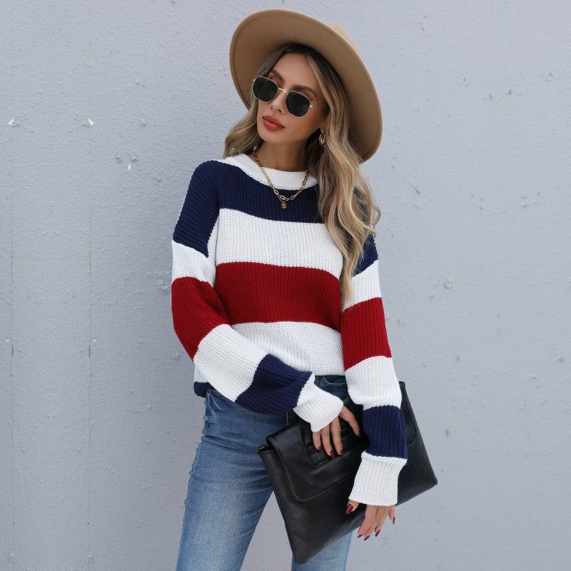 Color-Blocked Pullover Sweater with Loose Fit and Semi-High Collar