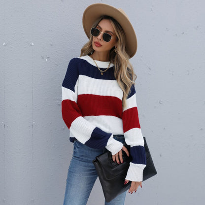 Color-Blocked Pullover Sweater with Loose Fit and Semi-High Collar