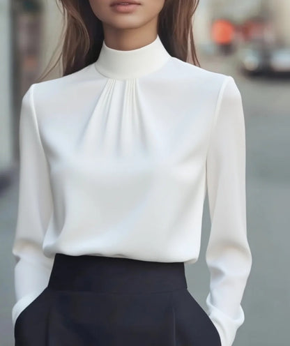 Satin Long-Sleeved Blouse with Stand Collar and Pleats