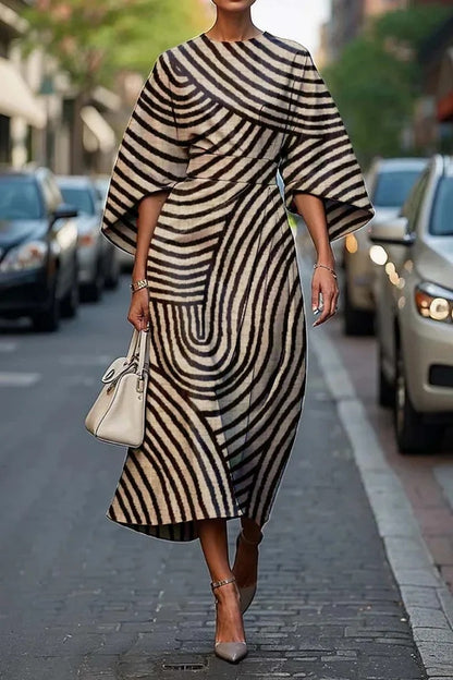 Printed Midi Dress with Three-Quarter Bat Sleeves