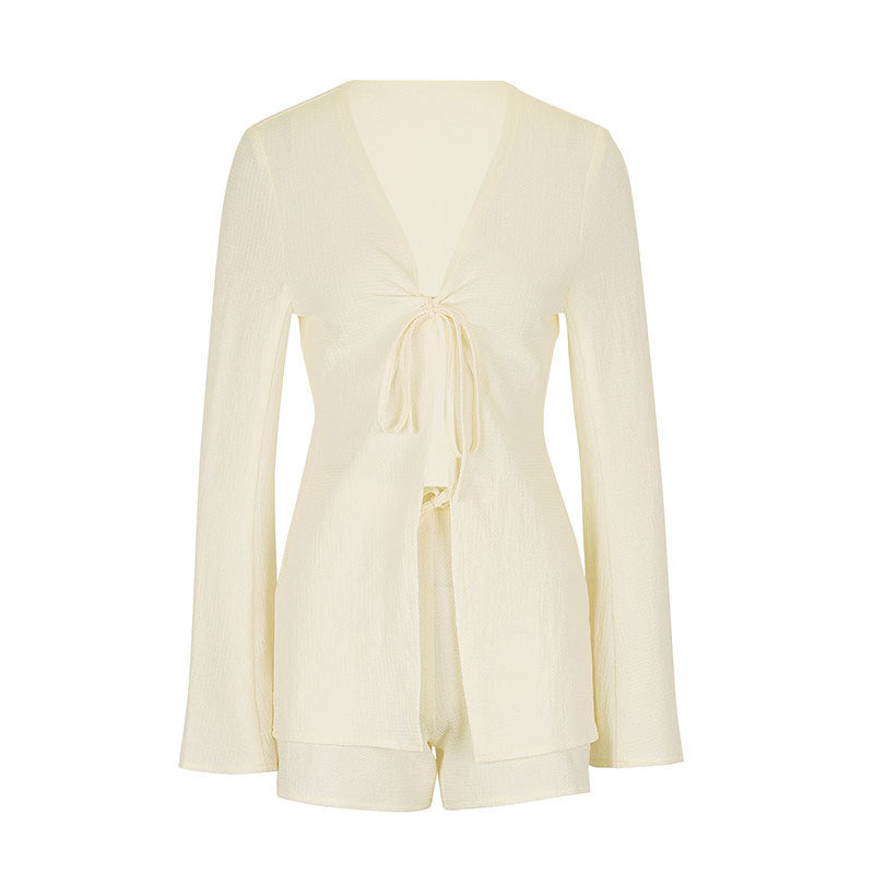 Textured Bell Sleeve Two-Piece Set with Lace-Up Front